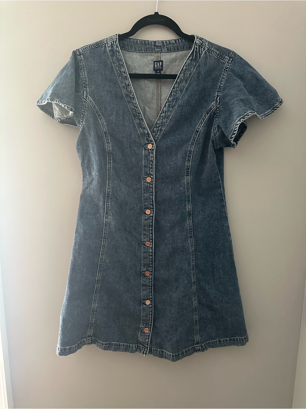 100% Cotton GAP Denim V-Neck Button Front Mini Dress M Short Sleeve Fit & Flare